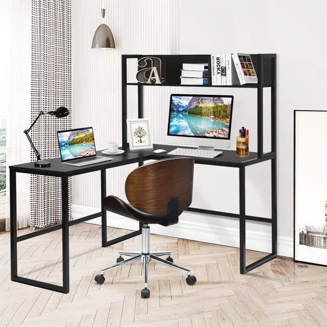 Alt view image 2 of 7 - Tangkula Reversible L-Shaped Desk with Hutch, Space Saving Corner Computer Desk with Storage Shelves, Home Office Study Writing Desk Computer Workstation with Storage Bookshelf, Gaming Desk