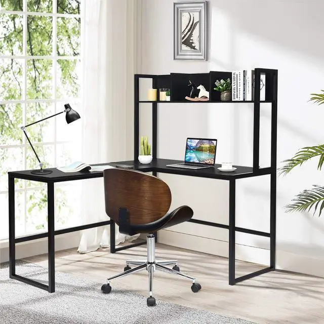 Alt view image 3 of 7 - Tangkula Reversible L-Shaped Desk with Hutch, Space Saving Corner Computer Desk with Storage Shelves, Home Office Study Writing Desk Computer Workstation with Storage Bookshelf, Gaming Desk