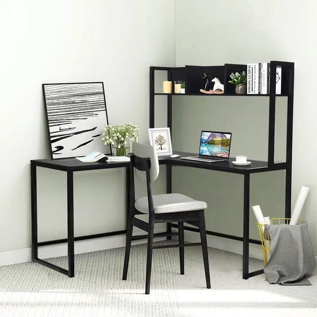 Alt view image 4 of 7 - Tangkula Reversible L-Shaped Desk with Hutch, Space Saving Corner Computer Desk with Storage Shelves, Home Office Study Writing Desk Computer Workstation with Storage Bookshelf, Gaming Desk