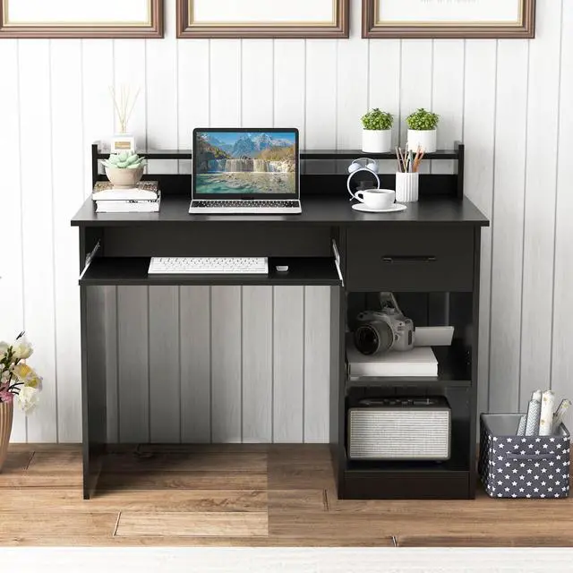 Alt view image 2 of 7 - IFANNY Computer Desk, Office Desk with Drawers, Hutch, Keyboard Tray & Adjustable Shelf, Small Desk with Storage, Modern Home Office Desks, Black Desk for Bedroom, Living Room, Study (Black)