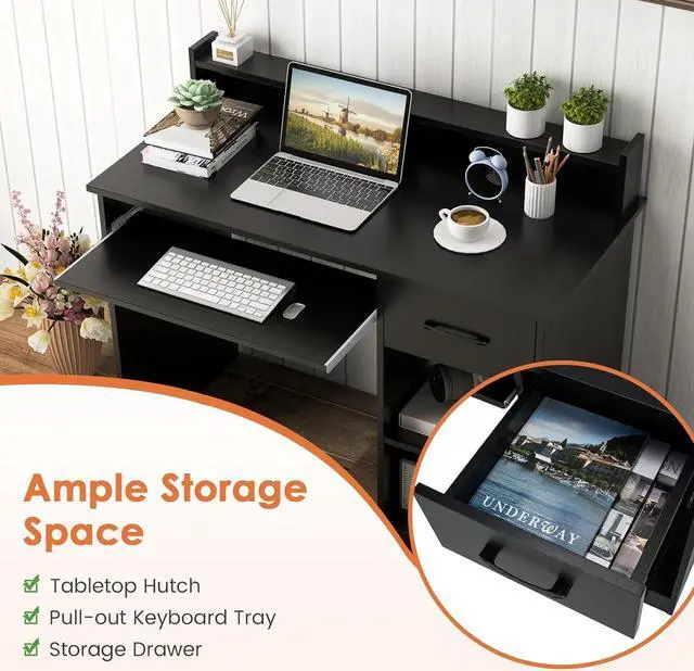 Alt view image 5 of 7 - IFANNY Computer Desk, Office Desk with Drawers, Hutch, Keyboard Tray & Adjustable Shelf, Small Desk with Storage, Modern Home Office Desks, Black Desk for Bedroom, Living Room, Study (Black)