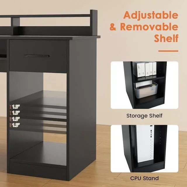 Alt view image 6 of 7 - IFANNY Computer Desk, Office Desk with Drawers, Hutch, Keyboard Tray & Adjustable Shelf, Small Desk with Storage, Modern Home Office Desks, Black Desk for Bedroom, Living Room, Study (Black)