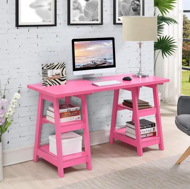 Alt view image 2 of 7 - Convenience Concepts Designs2Go Double Trestle Desk with Shelves, Pink