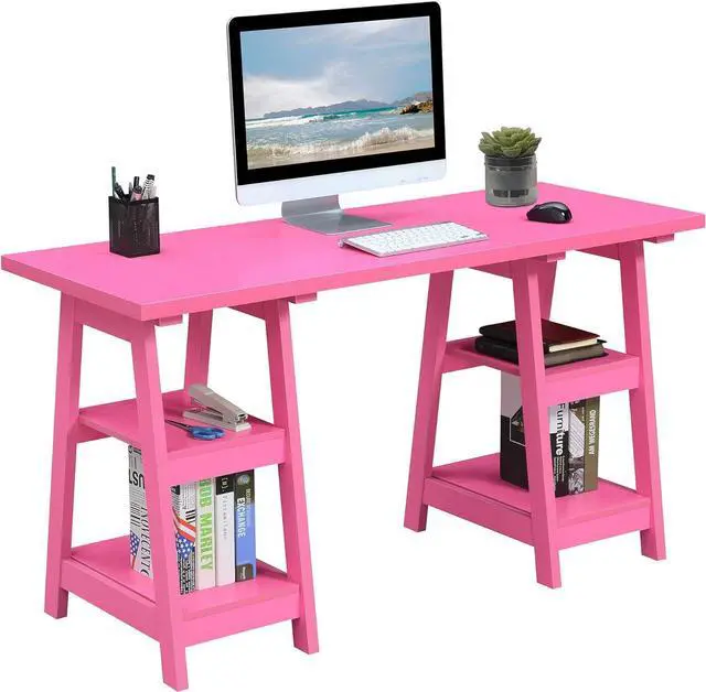 Alt view image 4 of 7 - Convenience Concepts Designs2Go Double Trestle Desk with Shelves, Pink