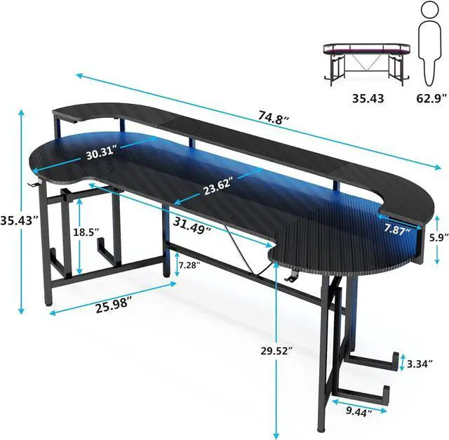 Alt view image 2 of 7 - Tribesigns 75 Inch Gaming Desk with Monitor Shelf, Large PC Computer Desk with LED Lights, Gaming Table Gamer Desk for Bedroom, Home Office, Black