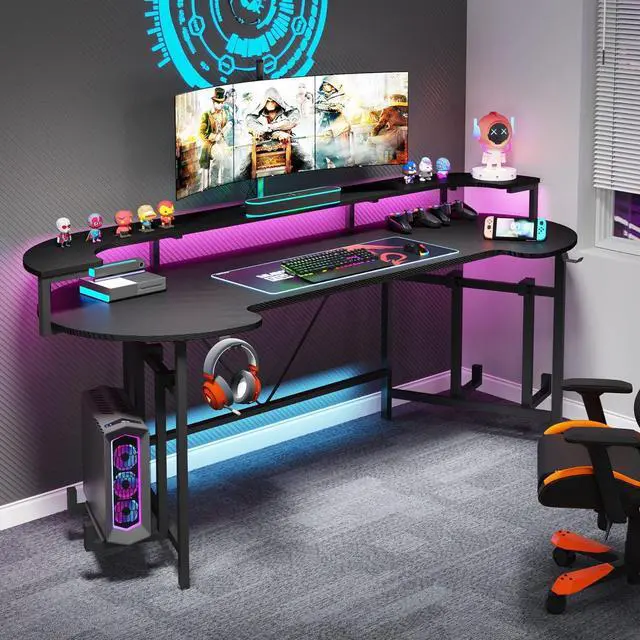 Main image of Tribesigns 75 Inch Gaming Desk with Monitor Shelf, Large PC Computer Desk with LED Lights, Gaming Table Gamer Desk for Bedroom, Home Office, Black