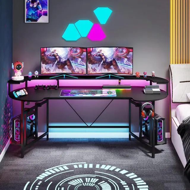 Alt view image 3 of 7 - Tribesigns 75 Inch Gaming Desk with Monitor Shelf, Large PC Computer Desk with LED Lights, Gaming Table Gamer Desk for Bedroom, Home Office, Black