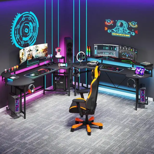 Alt view image 5 of 7 - Tribesigns 75 Inch Gaming Desk with Monitor Shelf, Large PC Computer Desk with LED Lights, Gaming Table Gamer Desk for Bedroom, Home Office, Black
