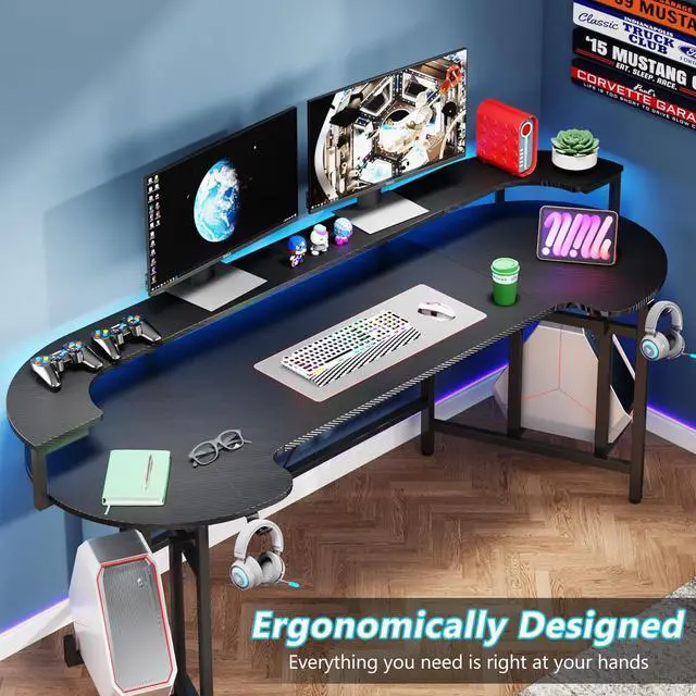 Alt view image 6 of 7 - Tribesigns 75 Inch Gaming Desk with Monitor Shelf, Large PC Computer Desk with LED Lights, Gaming Table Gamer Desk for Bedroom, Home Office, Black