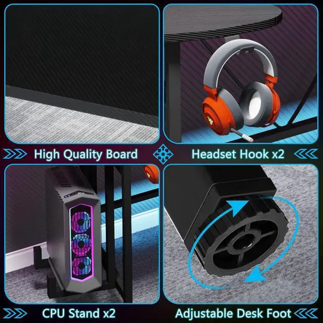 Alt view image 7 of 7 - Tribesigns 75 Inch Gaming Desk with Monitor Shelf, Large PC Computer Desk with LED Lights, Gaming Table Gamer Desk for Bedroom, Home Office, Black