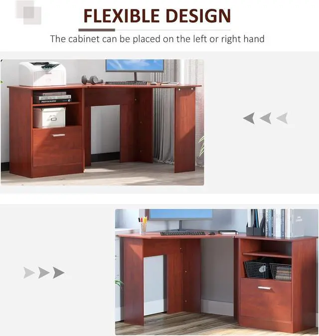 Alt view image 4 of 7 - HOMCOM Computer Desk with Printer Cabinet, L-Shaped Corner Desk with Storage, Study PC Workstation for Home Office, Cherry