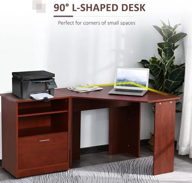 Alt view image 5 of 7 - HOMCOM Computer Desk with Printer Cabinet, L-Shaped Corner Desk with Storage, Study PC Workstation for Home Office, Cherry