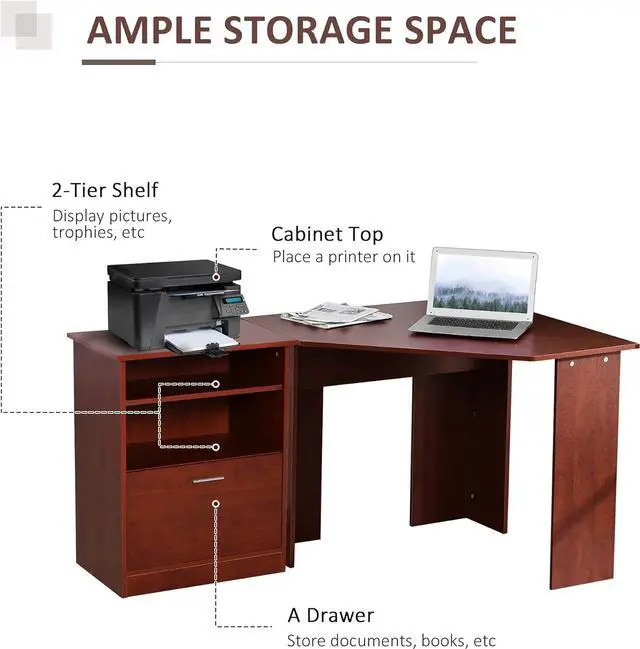Alt view image 6 of 7 - HOMCOM Computer Desk with Printer Cabinet, L-Shaped Corner Desk with Storage, Study PC Workstation for Home Office, Cherry