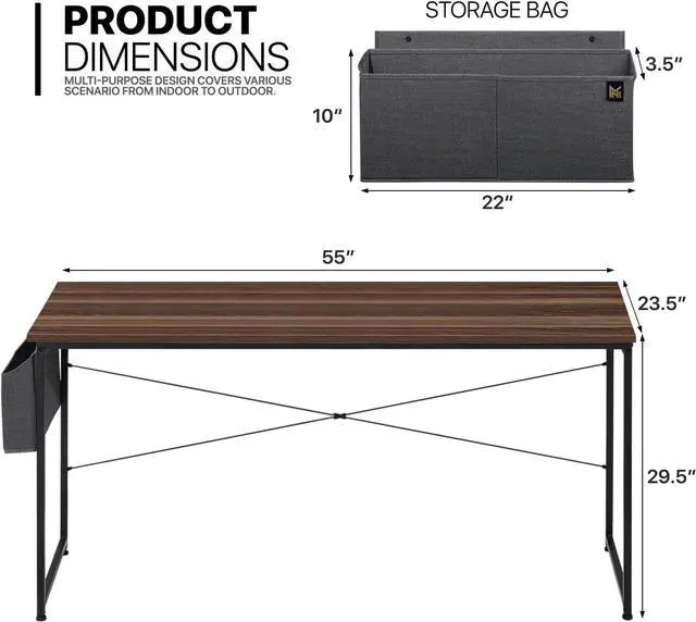 Alt view image 3 of 7 - MoNiBloom 55 Inches Large Computer Desk with Storage Bag, Study Work Writing Table w/Metal Frame for Home Office, Walnut Color