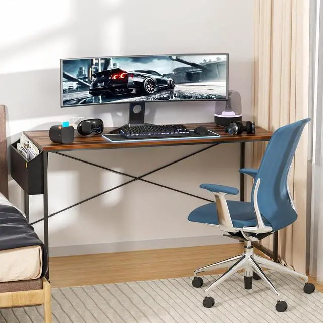 Alt view image 2 of 7 - MoNiBloom 55 Inches Large Computer Desk with Storage Bag, Study Work Writing Table w/Metal Frame for Home Office, Walnut Color