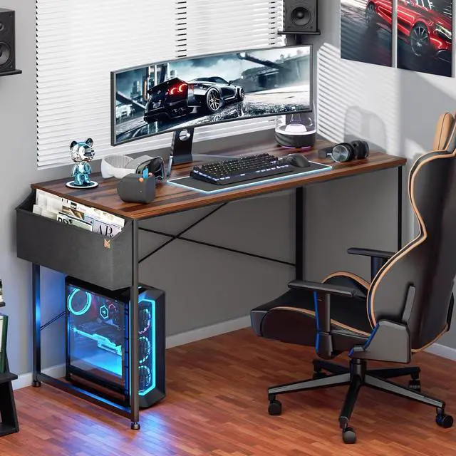 Alt view image 4 of 7 - MoNiBloom 55 Inches Large Computer Desk with Storage Bag, Study Work Writing Table w/Metal Frame for Home Office, Walnut Color