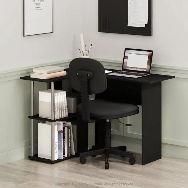 Alt view image 2 of 6 - Furinno Abbott L-Shape Desk with Bookshelf, Americano/Chrome