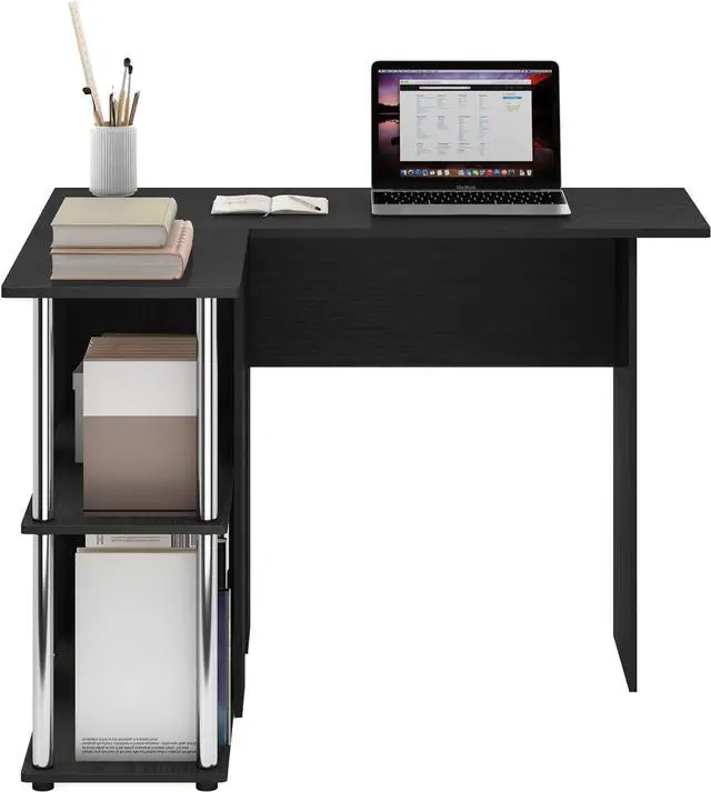 Alt view image 4 of 6 - Furinno Abbott L-Shape Desk with Bookshelf, Americano/Chrome