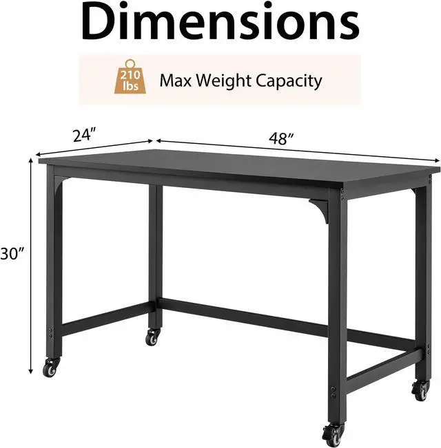 Alt view image 3 of 7 - Tangkula 48" Mobile Computer Desk, Rolling Computer Workstation with 4 Smooth Casters, Home Office Writing Desk, Work Bench, Heavy-Duty Metal Frame, for Study, Office & Garage