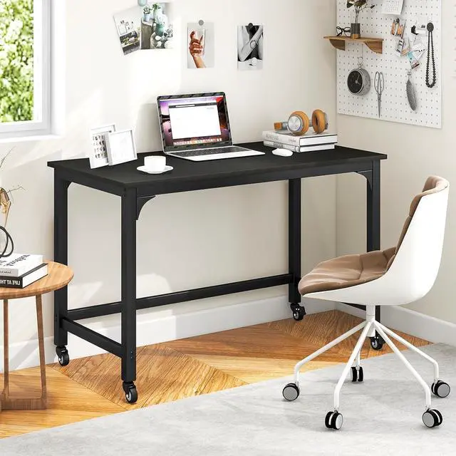 Alt view image 4 of 7 - Tangkula 48" Mobile Computer Desk, Rolling Computer Workstation with 4 Smooth Casters, Home Office Writing Desk, Work Bench, Heavy-Duty Metal Frame, for Study, Office & Garage