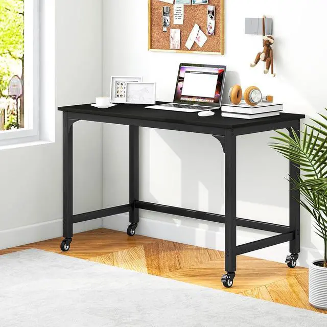 Alt view image 2 of 7 - Tangkula 48" Mobile Computer Desk, Rolling Computer Workstation with 4 Smooth Casters, Home Office Writing Desk, Work Bench, Heavy-Duty Metal Frame, for Study, Office & Garage