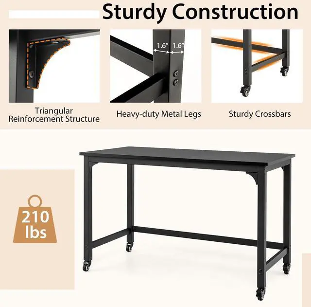 Alt view image 6 of 7 - Tangkula 48" Mobile Computer Desk, Rolling Computer Workstation with 4 Smooth Casters, Home Office Writing Desk, Work Bench, Heavy-Duty Metal Frame, for Study, Office & Garage