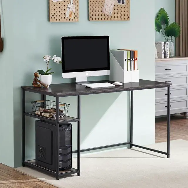 Main image of ivinta Computer Desk with Shelves, Office Desk for Living Room,Small Desk with Storage Space, Home Office Desks, Vanity Desk with Gold Legs PC Laptop Table (Brown, 55")