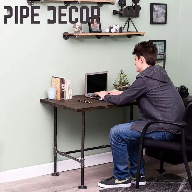 Alt view image 2 of 7 - PIPE DECOR Industrial Pipe Desk Leg Set, Modern Home Office Table Writing or Computer Base Kit, Dark Grey Black Rough Pipes, Rustic Vintage Furniture Unfinished Steel Metal Pipe Legs, H-Desk Style