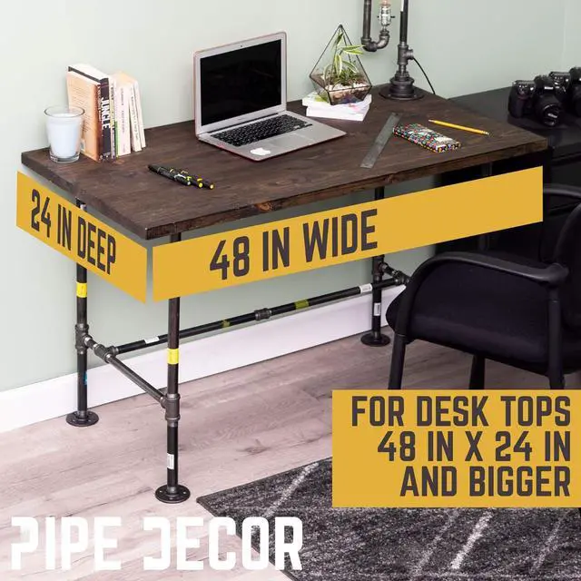 Alt view image 6 of 7 - PIPE DECOR Industrial Pipe Desk Leg Set, Modern Home Office Table Writing or Computer Base Kit, Dark Grey Black Rough Pipes, Rustic Vintage Furniture Unfinished Steel Metal Pipe Legs, H-Desk Style