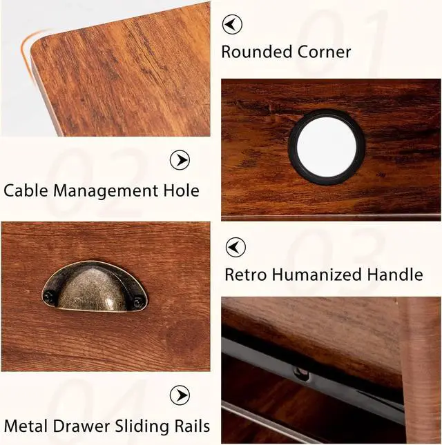 Alt view image 7 of 7 - Tangkula Computer Desk with 4 Storage Drawers & Hutch, 48" Home Office Desk Vintage Desk with Storage File Drawer & Cable Management Hole, Wooden Executive Desk Writing Study Desk