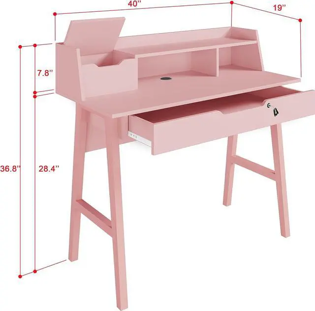 Alt view image 2 of 7 - Roma Writing Desk - Elegant Wood Study Desk With Storage, Cable Holes & Drawers - Work Table for Home, Office, Dorm, Small Spaces - Compact Black Desk, 40x19x36.9 (pink)