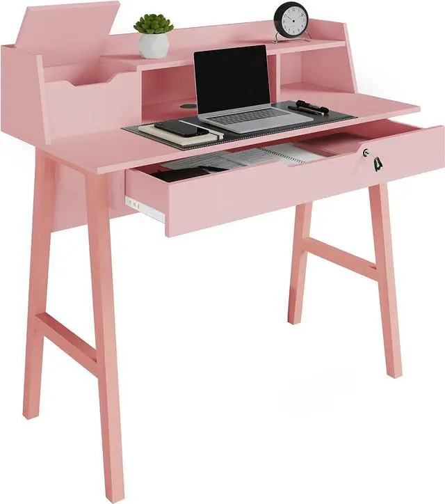 Alt view image 3 of 7 - Roma Writing Desk - Elegant Wood Study Desk With Storage, Cable Holes & Drawers - Work Table for Home, Office, Dorm, Small Spaces - Compact Black Desk, 40x19x36.9 (pink)