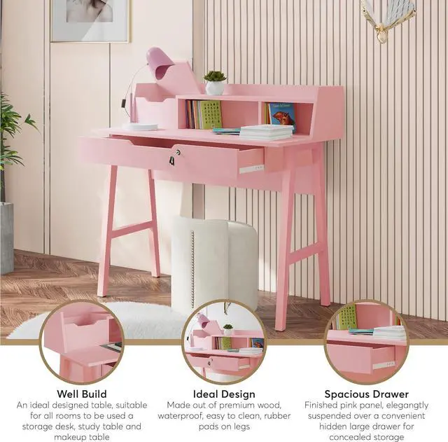 Alt view image 4 of 7 - Roma Writing Desk - Elegant Wood Study Desk With Storage, Cable Holes & Drawers - Work Table for Home, Office, Dorm, Small Spaces - Compact Black Desk, 40x19x36.9 (pink)
