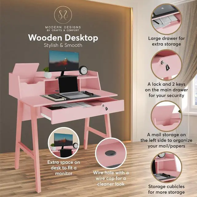 Alt view image 6 of 7 - Roma Writing Desk - Elegant Wood Study Desk With Storage, Cable Holes & Drawers - Work Table for Home, Office, Dorm, Small Spaces - Compact Black Desk, 40x19x36.9 (pink)