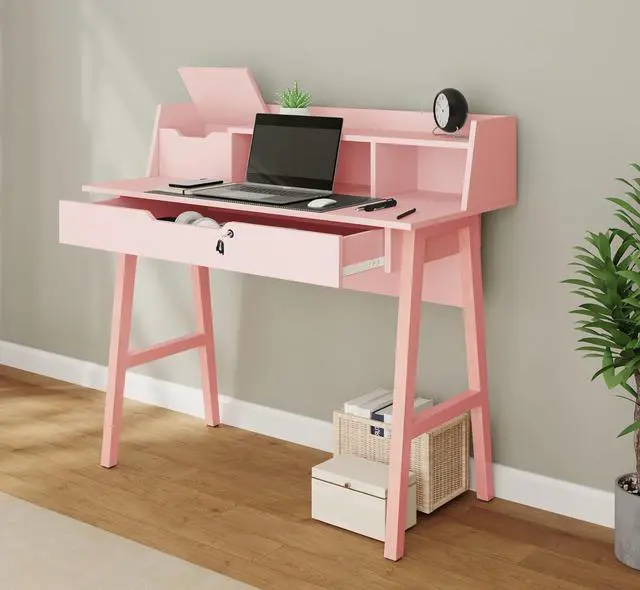 Alt view image 7 of 7 - Roma Writing Desk - Elegant Wood Study Desk With Storage, Cable Holes & Drawers - Work Table for Home, Office, Dorm, Small Spaces - Compact Black Desk, 40x19x36.9 (pink)