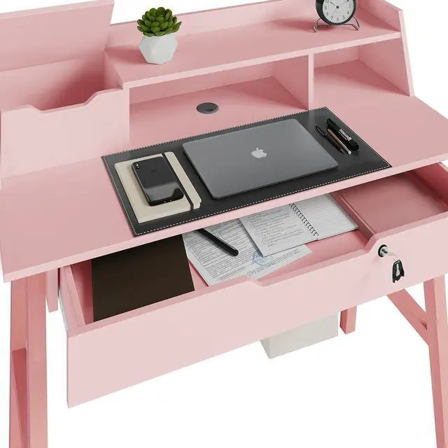 Alt view image 5 of 7 - Roma Writing Desk - Elegant Wood Study Desk With Storage, Cable Holes & Drawers - Work Table for Home, Office, Dorm, Small Spaces - Compact Black Desk, 40x19x36.9 (pink)
