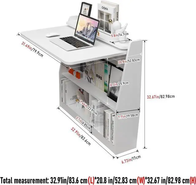 Alt view image 2 of 7 - Pmnianhua Wall Mounted Desk, Wooden Folding Desk Space Saving Wall Desk with Storage Shelf Study Writing Table for Small Space (White)