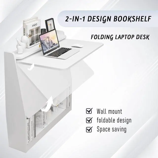 Alt view image 5 of 7 - Pmnianhua Wall Mounted Desk, Wooden Folding Desk Space Saving Wall Desk with Storage Shelf Study Writing Table for Small Space (White)