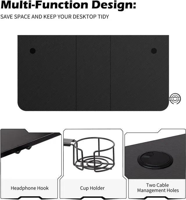 Alt view image 4 of 7 - TOPSKY Gaming Desk Large Surface 63x31.5 with Cup Holder, Headphone Hook and Cable Management (Black)