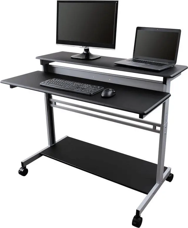 Main image of Stand Up Desk Store Rolling Adjustable Height Two Tier Standing Desk Computer Workstation (Silver Frame/Black Top, 48" Wide)