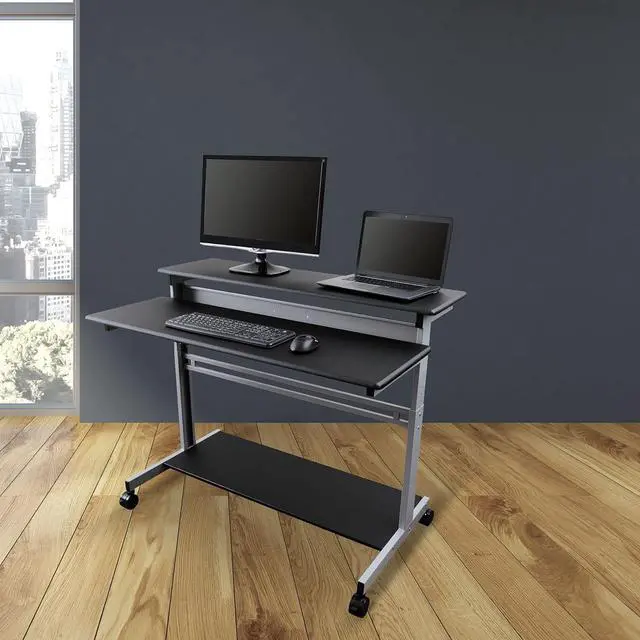 Alt view image 2 of 7 - Stand Up Desk Store Rolling Adjustable Height Two Tier Standing Desk Computer Workstation (Silver Frame/Black Top, 48" Wide)