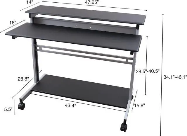 Alt view image 3 of 7 - Stand Up Desk Store Rolling Adjustable Height Two Tier Standing Desk Computer Workstation (Silver Frame/Black Top, 48" Wide)