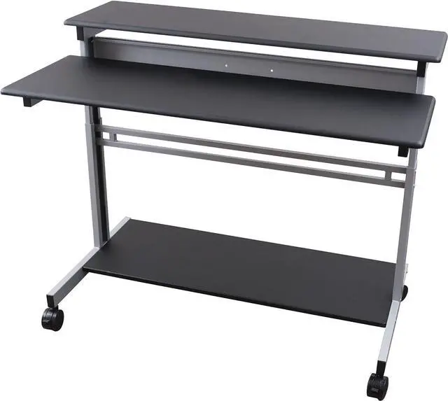 Alt view image 4 of 7 - Stand Up Desk Store Rolling Adjustable Height Two Tier Standing Desk Computer Workstation (Silver Frame/Black Top, 48" Wide)