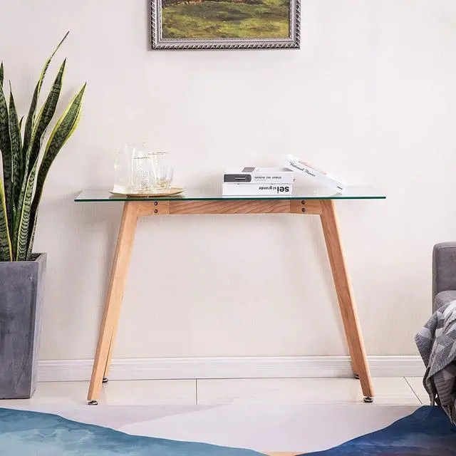 Alt view image 2 of 7 - ivinta Glass Console Table, Narrow Entryway Hallway Table Modern Foyer Table with Solid Wood Legs for Entryway Living Room