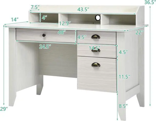 Alt view image 3 of 7 - Tangkula White Desk with 4 Storage Drawers & Hutch, Home Office Computer Vintage Desk, Writing Study Table with Storage Shelves, Wooden Executive Desk (White)