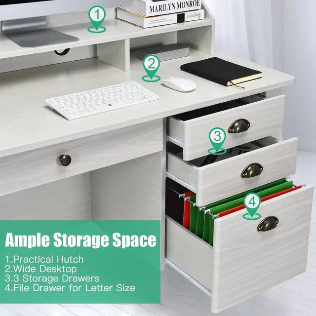 Alt view image 6 of 7 - Tangkula White Desk with 4 Storage Drawers & Hutch, Home Office Computer Vintage Desk, Writing Study Table with Storage Shelves, Wooden Executive Desk (White)