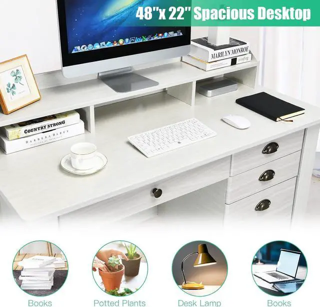 Alt view image 6 of 7 - IFANNY Vintage Computer Desk with Drawers, Modern Work Desk with Hutch, 3 Storage Drawers and 1 File Drawer, Wood Corner Home Office Desk for Small Spaces (White)