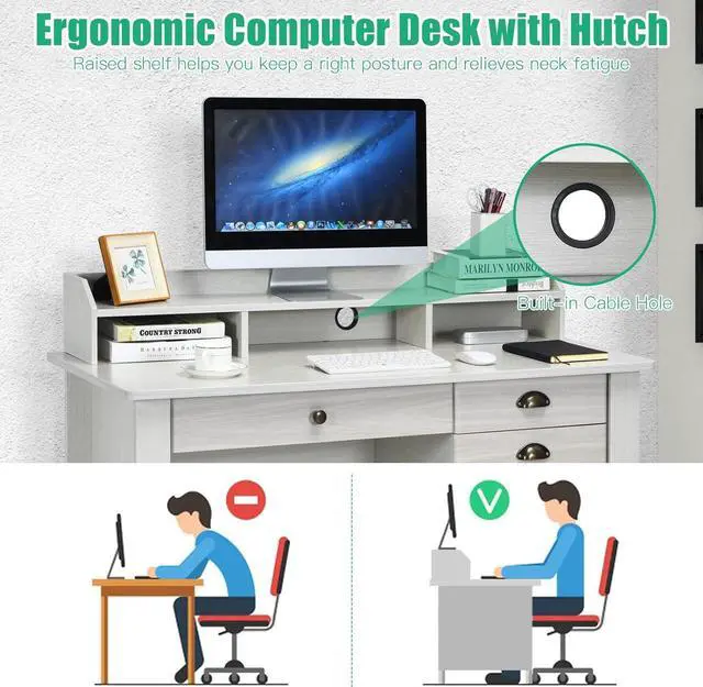 Alt view image 7 of 7 - Tangkula White Desk with 4 Storage Drawers & Hutch, Home Office Computer Vintage Desk, Writing Study Table with Storage Shelves, Wooden Executive Desk (White)