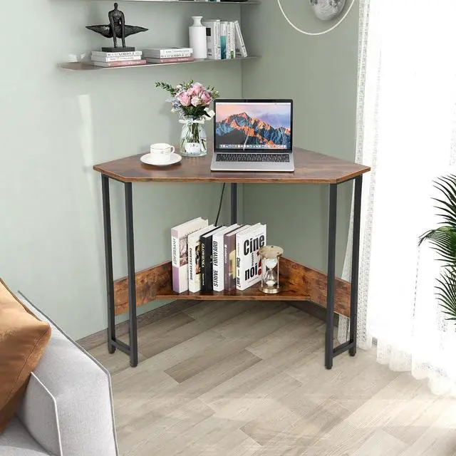 Alt view image 2 of 7 - GLOBALWAY Corner Desk with Charging Station & USB Port, 90-Degree Triangle Computer Workstation w/Storage Shelf, Metal Frame, Space-Saving Laptop PC Desk for Small Space, Home Office (Rustic Brown)
