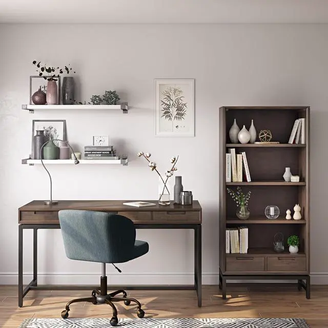 Alt view image 2 of 7 - SIMPLIHOME Banting Desk - 60-Inch Wide Solid Hardwood and Metal Writing Desk in Walnut Brown, Modern Industrial Home Office Computer Table for Study with 2 Drawers and Flip-Down Keyboard Tray